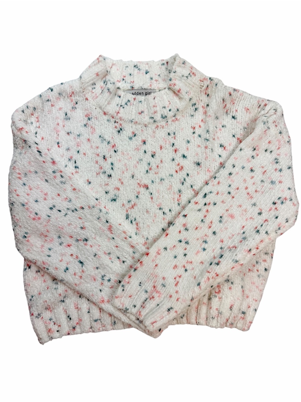 SUPER SOFT Madden Girl White Flecked Knit Pullover with Pink and Teal Speckles